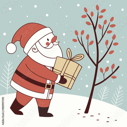 santa claus in winter scene holding gift next to tree with red leaves and snowflakes falling around him slowly