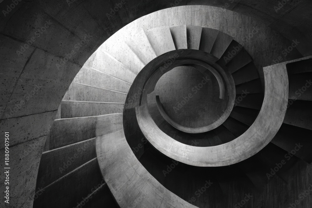 Fototapeta premium Dramatic Spiral Staircase: A Study in Concrete Geometry and Light and Shadow