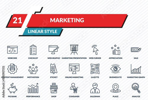 marketing icons set - webcode, checklist, web graphic, place, analyze outline vector collection.