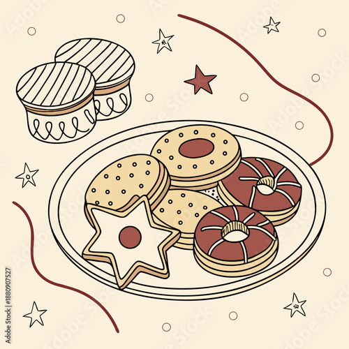 a plate of cookies and cupcakes on a festive background with stars and ribbons high quality professional detailed modern elegant