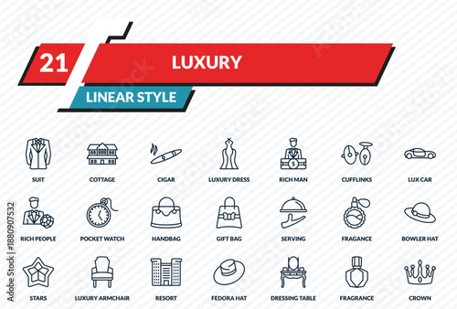luxury icons set - suit, cottage, cigar, fragrance, crown outline vector collection.