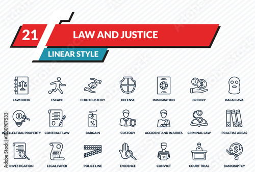 law and justice icons set - law book, escape, child custody, court trial, bankruptcy outline vector collection.