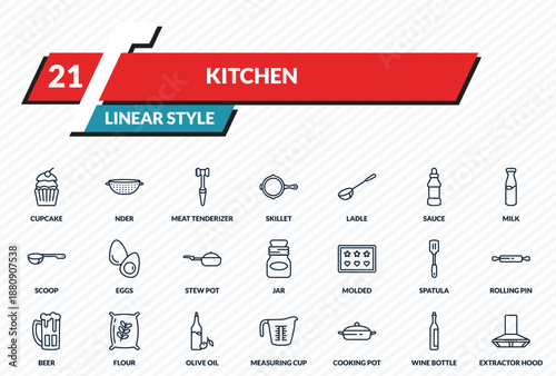 kitchen icons set - cupcake, nder, meat tenderizer, wine bottle, extractor hood outline vector collection.