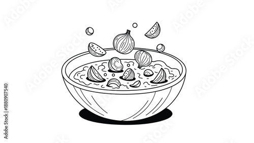 Detailed black and white line art drawing of a bowl of hot soup with floating whole and sliced onions in a minimalist kitchen style.