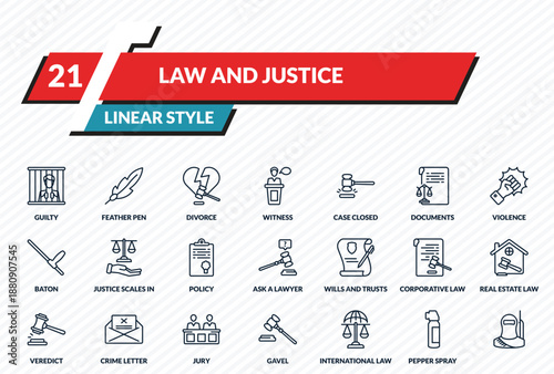 law and justice icons set - guilty, feather pen, divorce, pepper spray, outline vector collection.