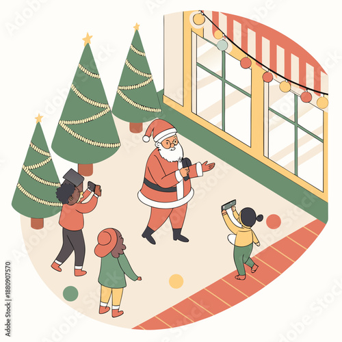 santa claus taking photos with children outside a festive holiday storefront with christmas trees high quality professional detailed modern elegant