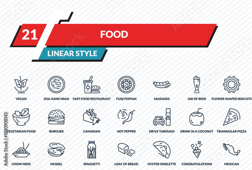 food icons set - vegan, zha jiang mian, fast food restaurant, congratulations, mexican outline vector collection.