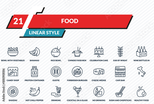 food icons set - bowl with vegetables, bananas, rice bowl, sushi and chopsticks, healthy food outline vector collection.