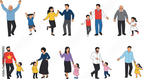 Cartoon-style adults and children walking hand in hand, representing family connection, caregiving, and companionship in a colorful, heartwarming visual scene.
