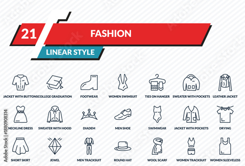 fashion icons set - jacket with buttons, college graduation cap, footwear, women tracksuit, women sleeveless shirt outline vector collection.