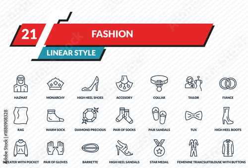 fashion icons set - hazmat, monarchy, high heel shoes, femenine trakcsuit, blouse with buttons outline vector collection.