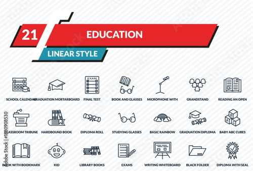 education icons set - school calendar, graduation mortarboard, final test, black folder, diploma with seal outline vector collection.