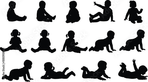Baby silhouette poses collection, crawling sitting playing infant toddler vector illustration set for parenting, childhood development, nursery design, and family related creative projects