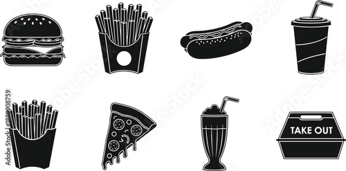 Fast food icon set featuring black silhouettes of burger, french fries, hot dog, soda, pizza slice, milkshake, and takeout box.