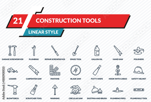 construction tools icons set - garage screwdriver, plumbing, repair screwdriver, plumbing pipes, plumb rule tool outline vector collection.