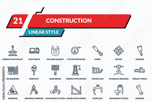 construction icons set - derrick with pallet, tank truck, inclined magnet, adjusment system, spanner outline vector collection.