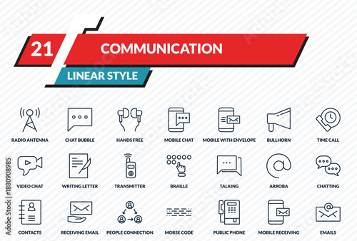 communication icons set - radio antenna, chat bubble, hands free, mobile receiving email, emails outline vector collection.