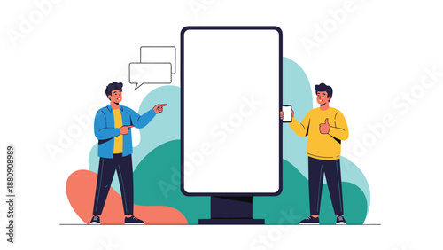 two men standing on either side of a large blank billboard display gesturing towards the empty advertising space.