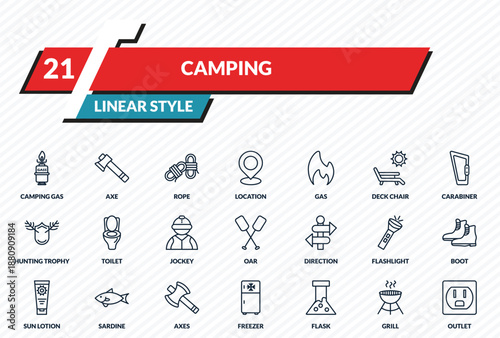 camping icons set - camping gas, axe, rope, grill, outlet outline vector collection.