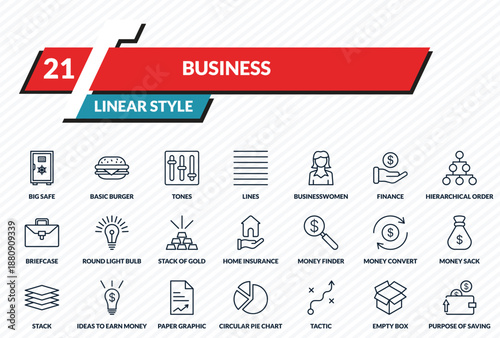 business icons set - big safe, basic burger, tones, empty box, purpose of saving money outline vector collection.
