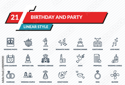 birthday and party icons set - wedding photo, mirror ball, bride, ring, blower outline vector collection.