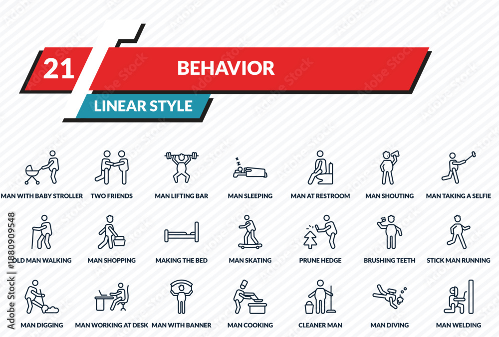 Obraz premium behavior icons set - man with baby stroller, two friends, man lifting bar, man diving, welding outline vector collection.