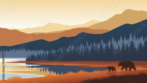 Serene mountain landscape vector illustration featuring a mother bear and cub by a tranquil lake, evoking nature's beauty