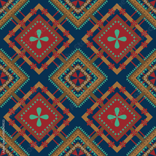 Seamless geometric folk pattern background featuring diamond shapes and floral motifs in warm red, dark blue, and turquoise tones. Inspired by ethnic and traditional ornament art. Suitable for wallpap