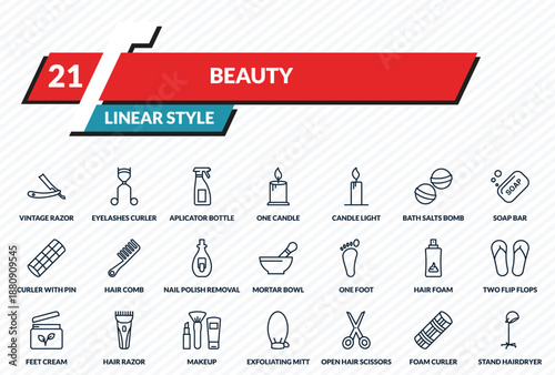 beauty icons set - vintage razor, eyelashes curler, aplicator bottle, foam curler, stand hairdryer outline vector collection.