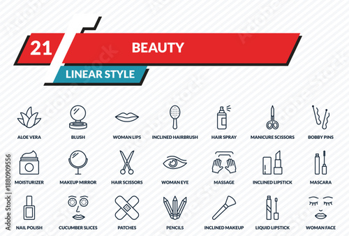 beauty icons set - aloe vera, blush, woman lips, liquid lipstick, woman face outline vector collection.