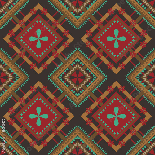 Seamless geometric folk pattern background featuring diamond shapes and floral motifs in warm red, brown, and turquoise tones. Inspired by ethnic and traditional ornament art. Suitable for wallpaper, 