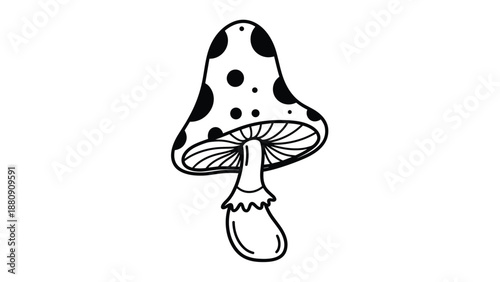 simple black and white line drawing of a large spotted mushroom often found in forests and fairy tale stories.