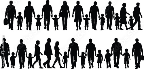 Silhouettes of diverse families holding hands in two rows people