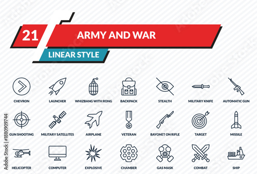 army and war icons set - chevron, launcher, whizbang with rong, combat, ship outline vector collection.
