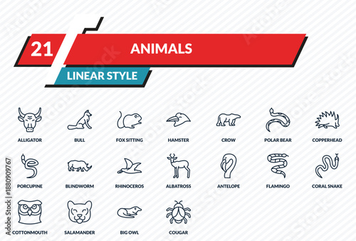 animals icons set - alligator, bull, fox sitting, otter, big bug outline vector collection.