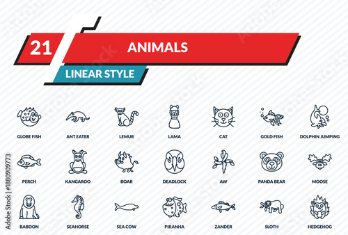 animals icons set - globe fish, ant eater, lemur, sloth, hedgehog outline vector collection.