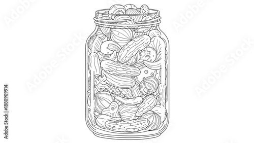 detailed line drawing of a large glass jar filled with pickled cucumbers, peppers, and other various vegetables.
