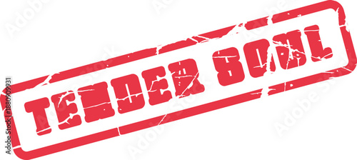 Vivid red distressed rubber stamp impression displaying the profound words Tender Soul on a bright white surface