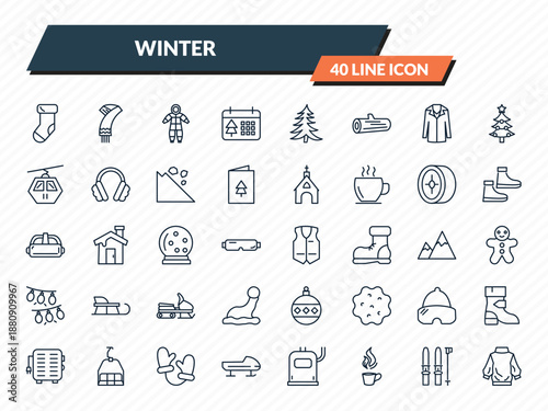 winter icons set - christmas sock, winter scarf, snowsuit, ski equiptment, turtleneck sweater outline vector collection.