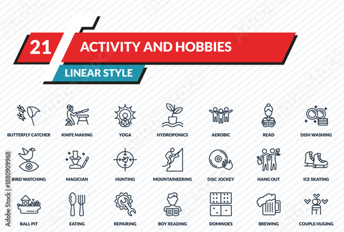 activity and hobbies icons set - butterfly catcher, knife making, yoga, brewing, couple huging outline vector collection.