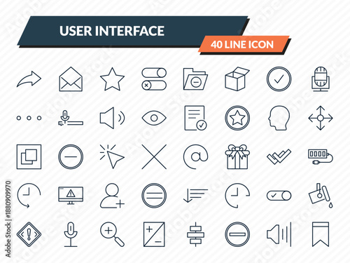 user interface icons set - share, envelope, favourite, high volume, bookmark outline vector collection.