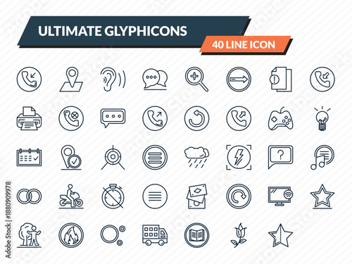 ultimate glyphicons icons set - incoming calls, big map placeholder, ear with sound bar, flower with leaves, half star full outline vector collection.