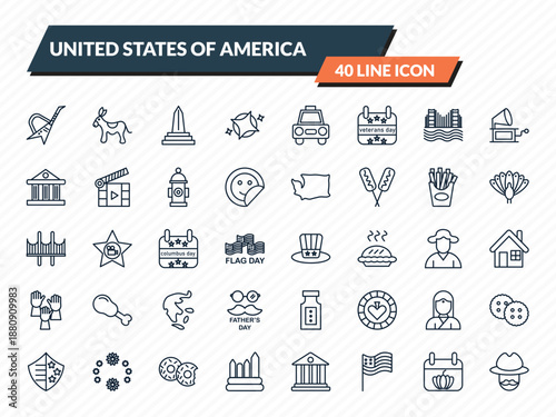 united states of america icons set - electric guitar, donkey, obelisk, thanksgiving day, cowboy outline vector collection.