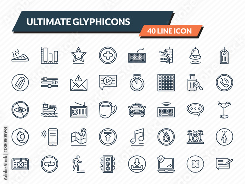 ultimate glyphicons icons set - pizza piece, three bars graph, star point, dot crossed, writing message outline vector collection.