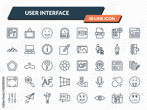 user interface icons set - premier, image with frame, joyful smile, octuber 31, angry smile outline vector collection.