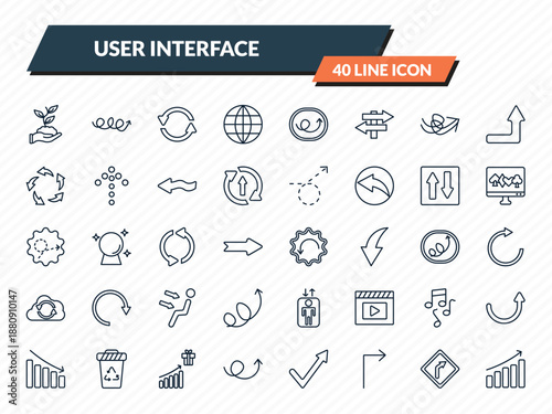 user interface icons set - hand and sprout, arrow with scribble, continuous, right curve, evolution outline vector collection.