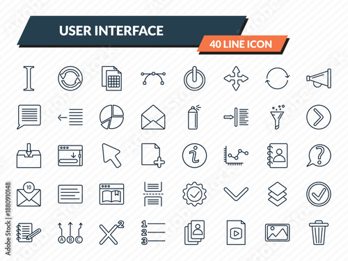 user interface icons set - italic, synchronisation, document with tables, insert picture, trash bin outline vector collection.