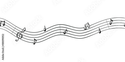 A seamless graphic border with musical notes. The illustration is hand-drawn in ink. The image has a simple, childish style and is perfect for World Music Day cards and music notebooks.