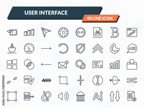 user interface icons set - window back button, 3d bars, direct selection, up and down arrow, add new document outline vector collection.