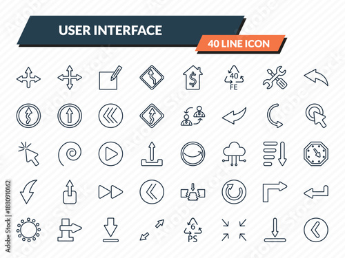 user interface icons set - crossroad, four expand arrows, make, downloading, round left button outline vector collection.